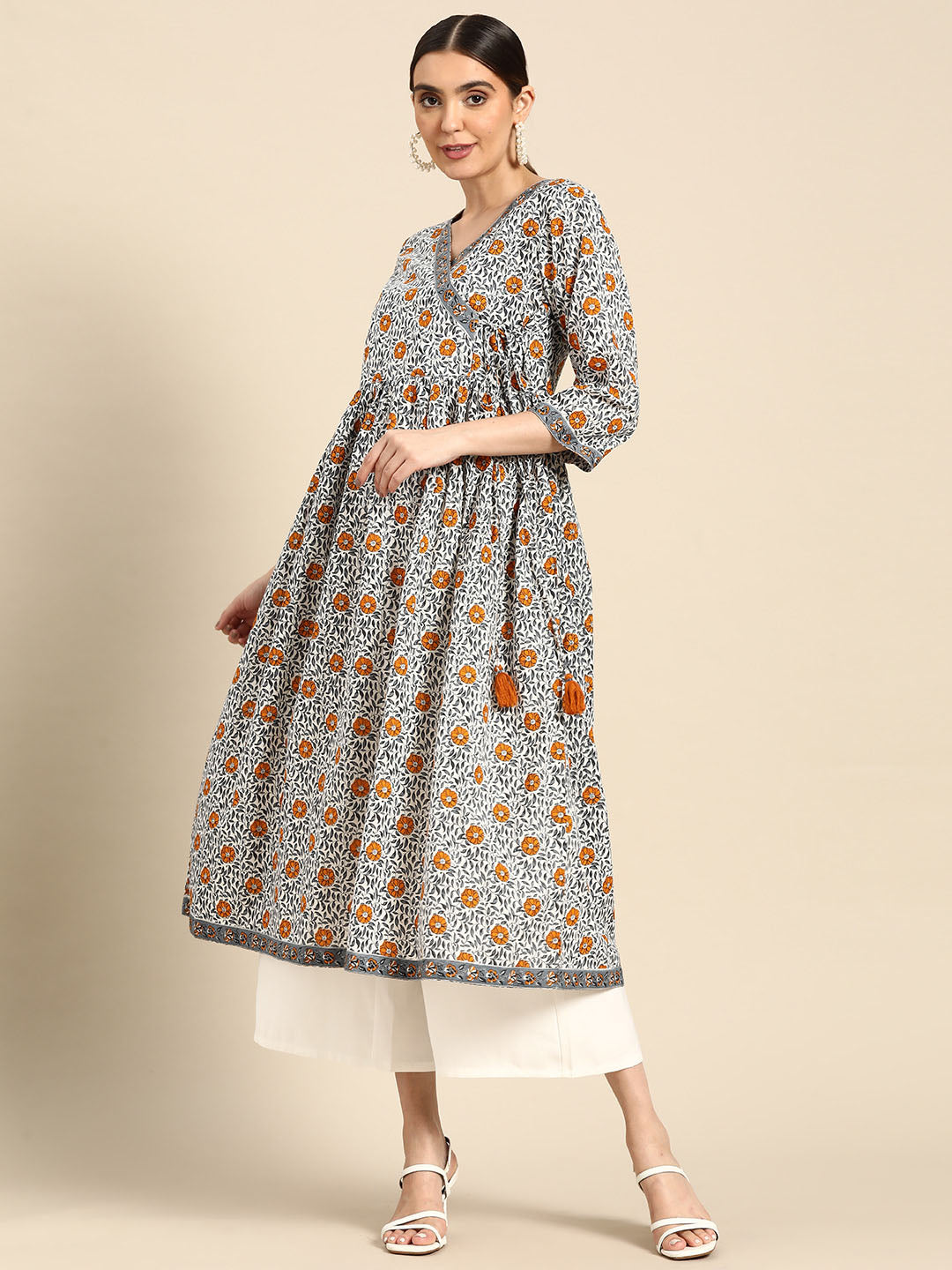Janasya Women's White Cotton Floral Printed Casual Angrakha Kurta | Grocsy