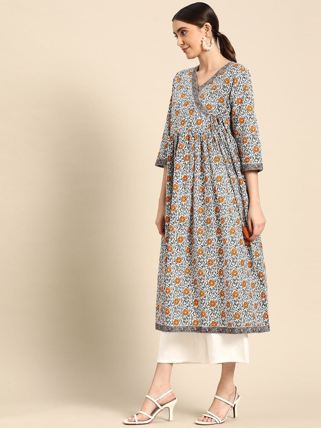 Janasya Women's White Cotton Floral Printed Casual Angrakha Kurta | Grocsy