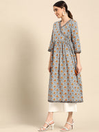 Janasya Women's White Cotton Floral Printed Casual Angrakha Kurta | Grocsy