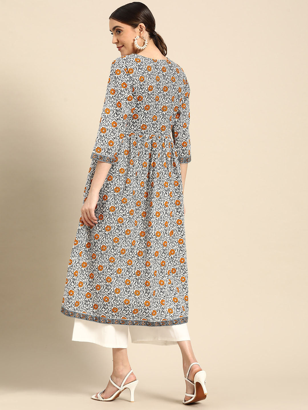 Janasya Women's White Cotton Floral Printed Casual Angrakha Kurta | Grocsy