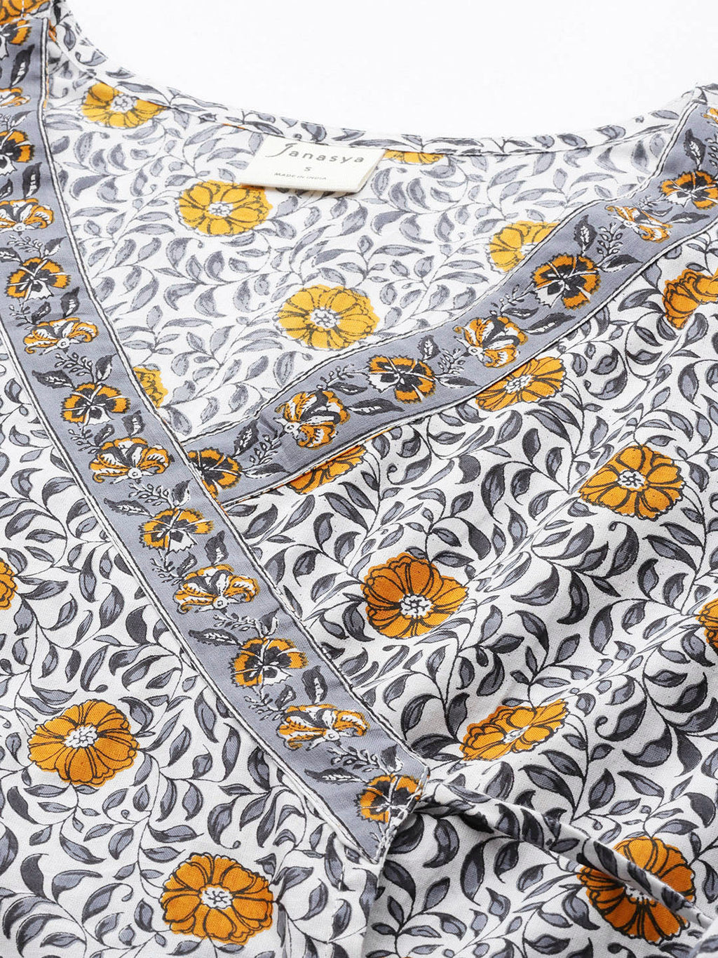Janasya Women's White Cotton Floral Printed Casual Angrakha Kurta | Grocsy