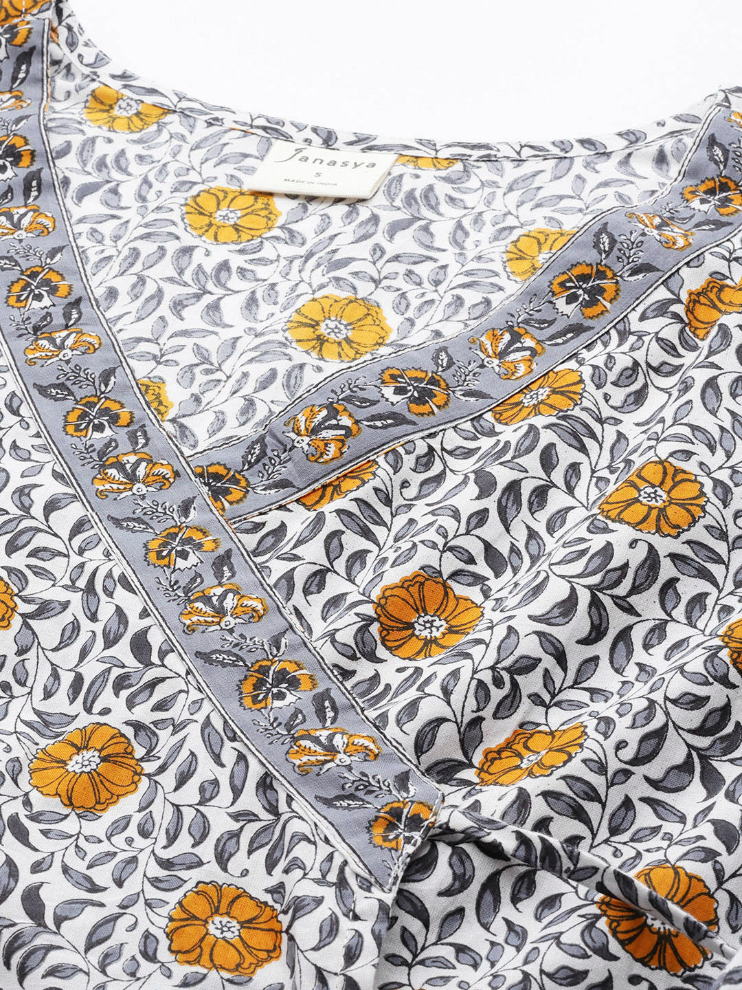 Janasya Women's White Cotton Floral Printed Casual Angrakha Kurta | Grocsy