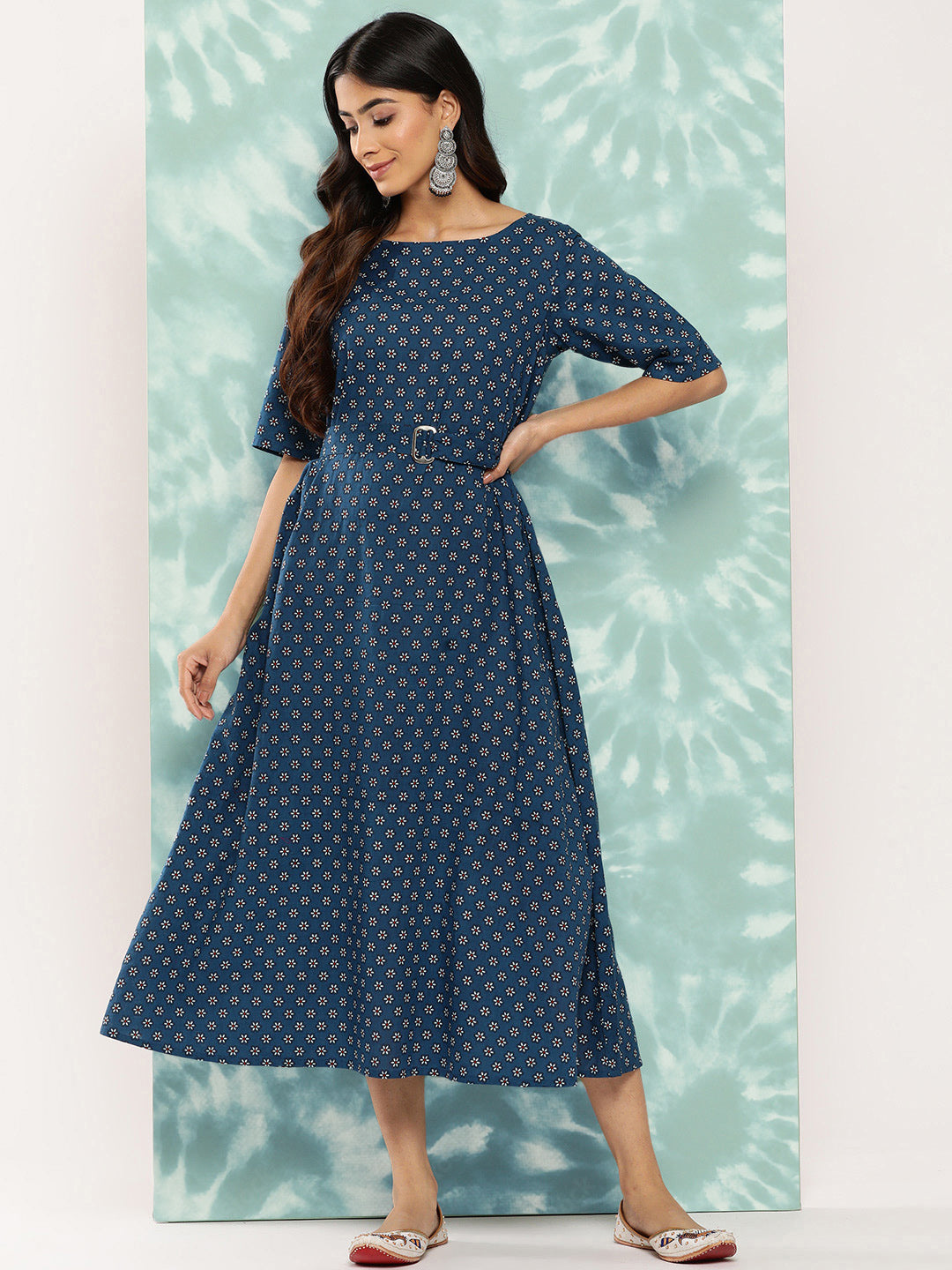 Janasya Women's Navy Blue Cotton Floral Printed A Line Casual Dress | Grocsy