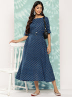 Janasya Women's Navy Blue Cotton Floral Printed A Line Casual Dress | Grocsy