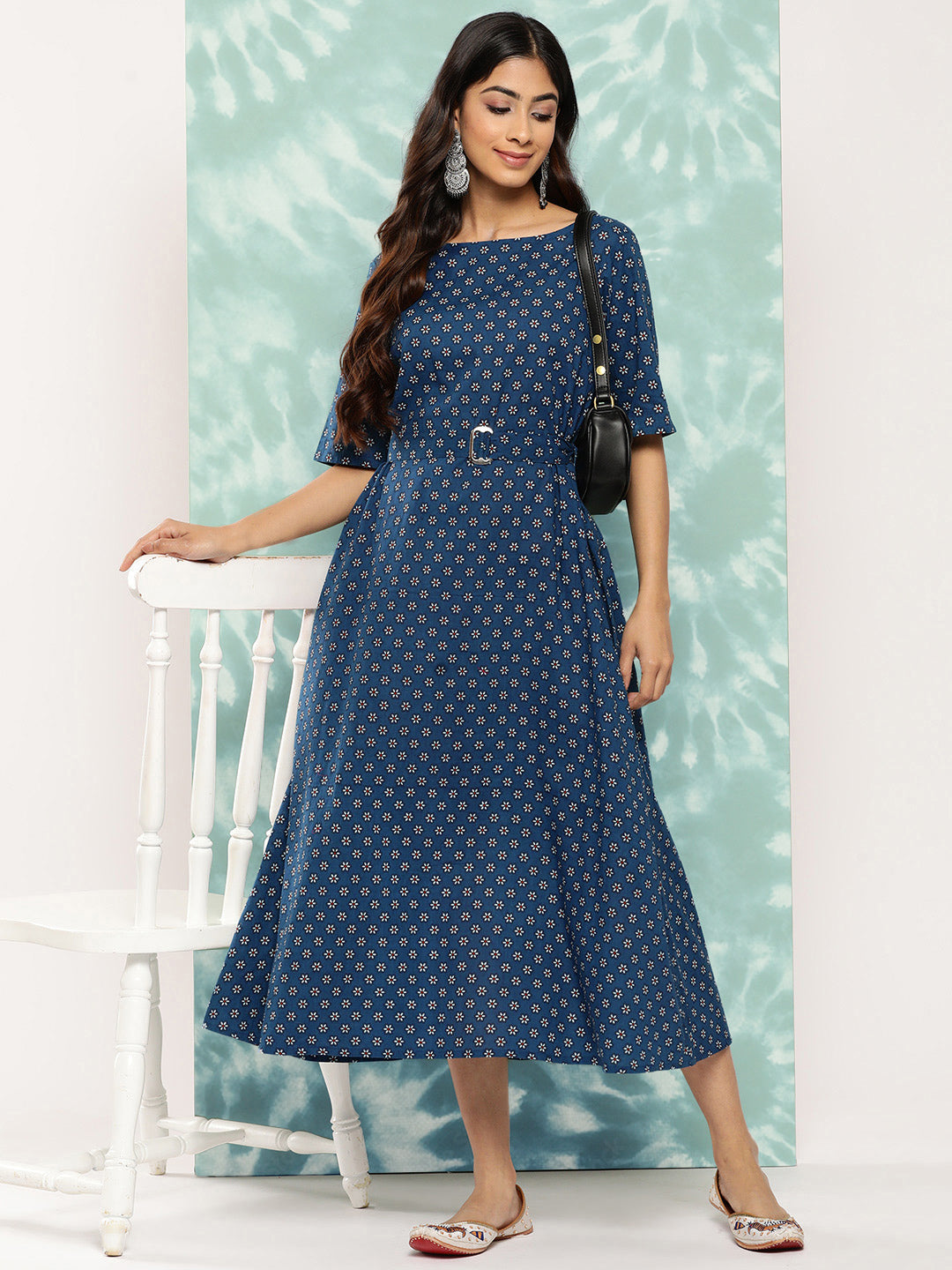 Janasya Women's Navy Blue Cotton Floral Printed A Line Casual Dress | Grocsy
