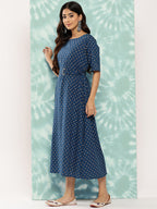 Janasya Women's Navy Blue Cotton Floral Printed A Line Casual Dress | Grocsy