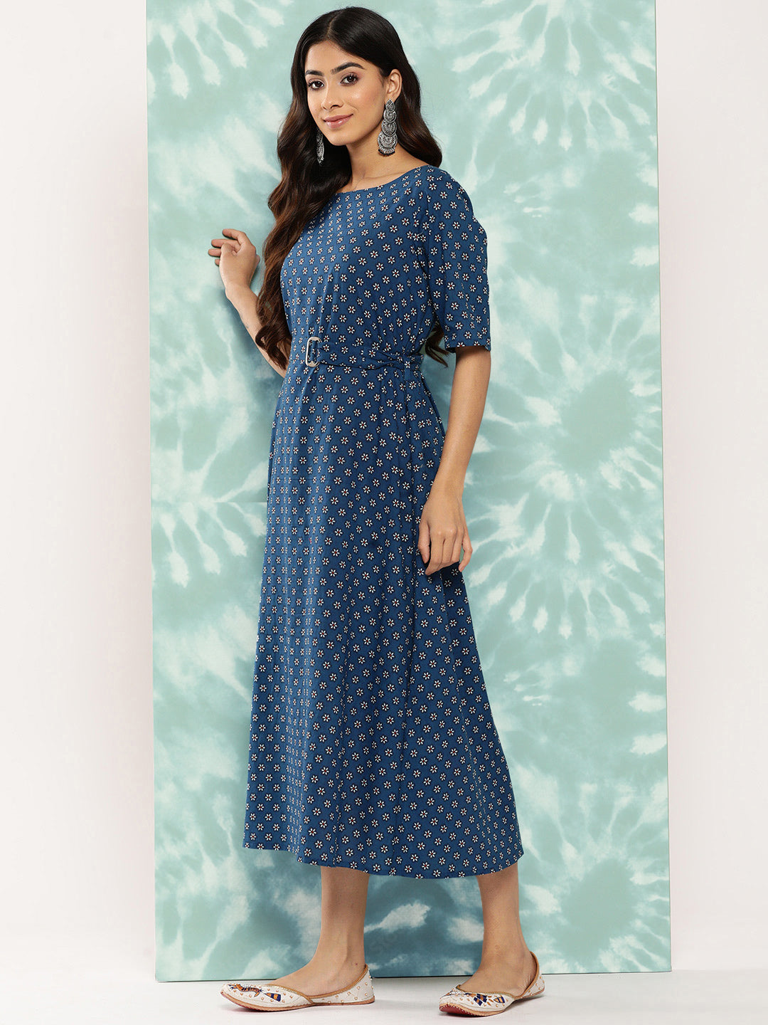 Janasya Women's Navy Blue Cotton Floral Printed A Line Casual Dress | Grocsy