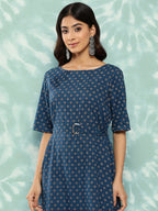 Janasya Women's Navy Blue Cotton Floral Printed A Line Casual Dress | Grocsy