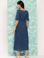 Janasya Women's Navy Blue Cotton Floral Printed A Line Casual Dress | Grocsy