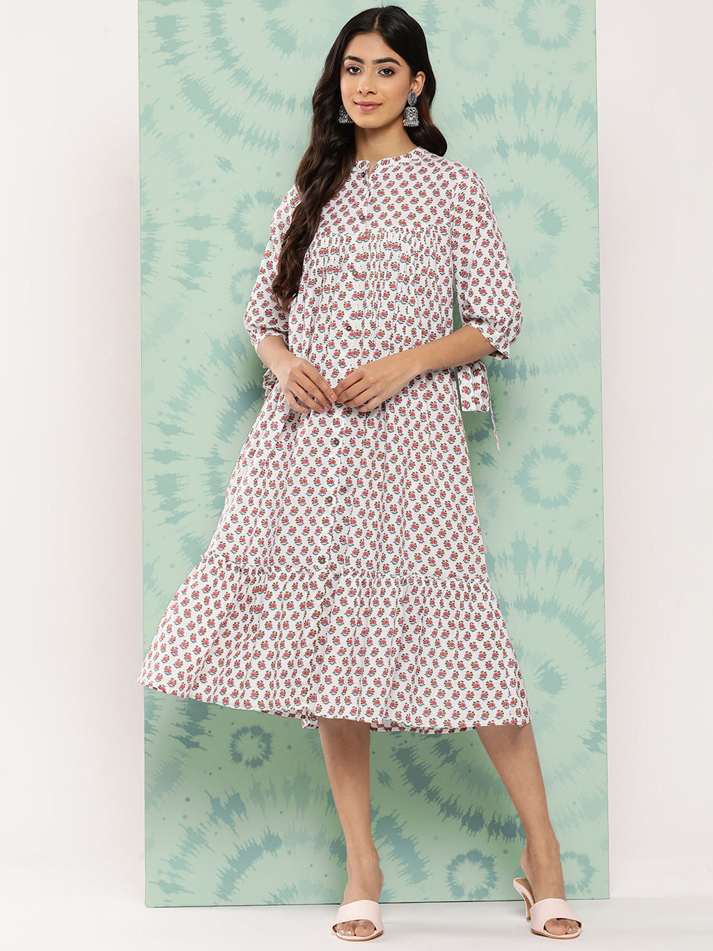 Janasya Women's White Cotton Floral Printed Gathered Casual Dress | Grocsy