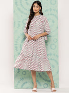 Janasya Women's White Cotton Floral Printed Gathered Casual Dress | Grocsy