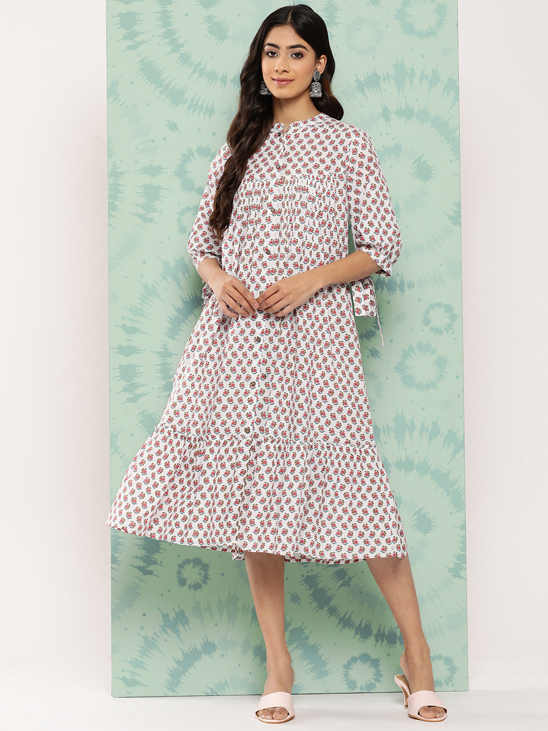 Janasya Women's White Cotton Floral Printed Gathered Casual Dress | Grocsy