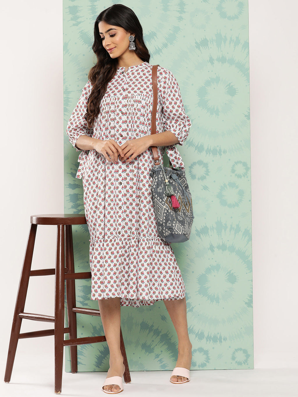Janasya Women's White Cotton Floral Printed Gathered Casual Dress | Grocsy