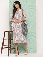 Janasya Women's White Cotton Floral Printed Gathered Casual Dress | Grocsy