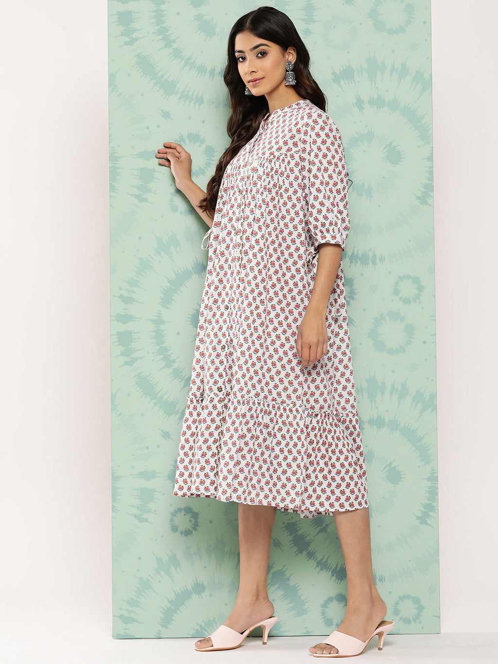 Janasya Women's White Cotton Floral Printed Gathered Casual Dress | Grocsy