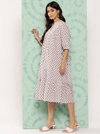 Janasya Women's White Cotton Floral Printed Gathered Casual Dress | Grocsy