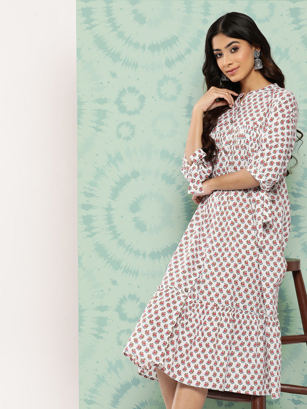 Janasya Women's White Cotton Floral Printed Gathered Casual Dress | Grocsy