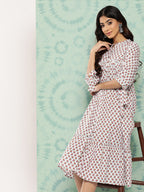 Janasya Women's White Cotton Floral Printed Gathered Casual Dress | Grocsy