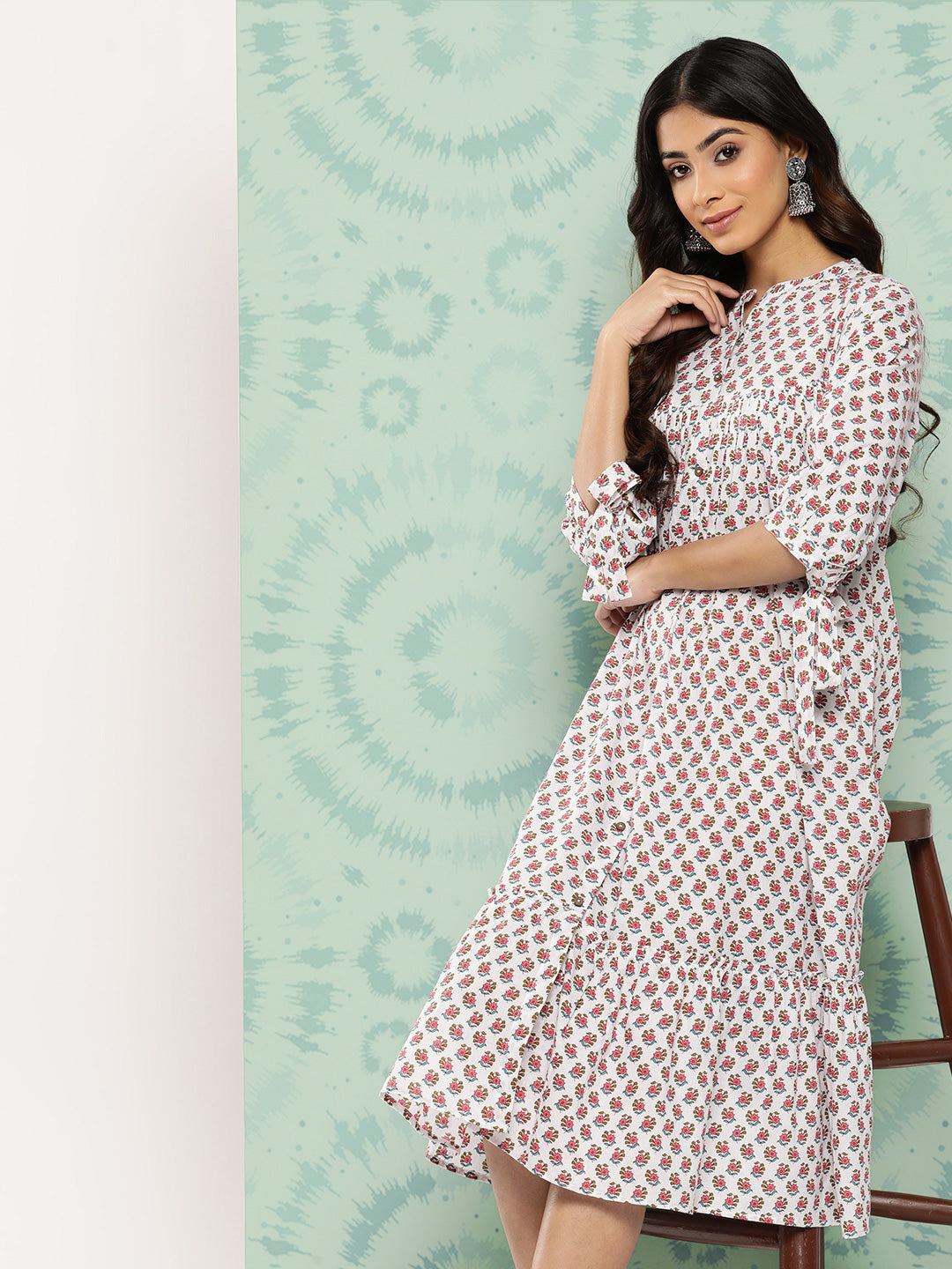 Janasya Women's White Cotton Floral Printed Gathered Casual Dress | Grocsy