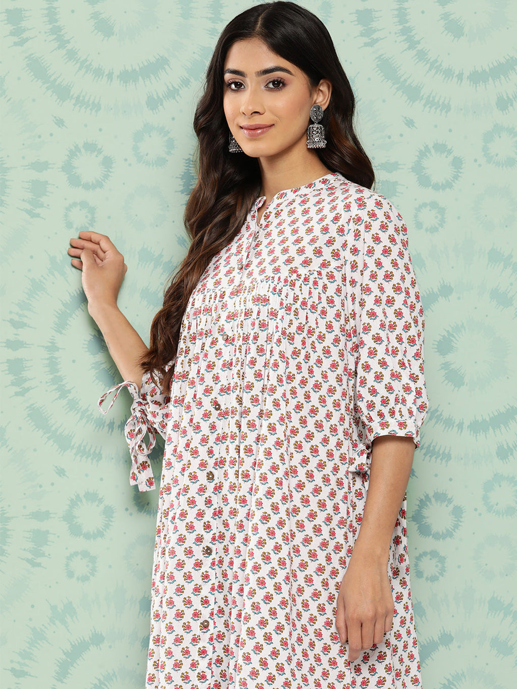 Janasya Women's White Cotton Floral Printed Gathered Casual Dress | Grocsy