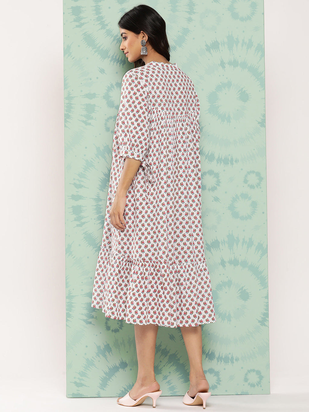 Janasya Women's White Cotton Floral Printed Gathered Casual Dress | Grocsy