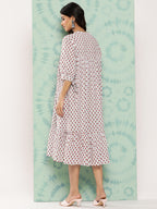 Janasya Women's White Cotton Floral Printed Gathered Casual Dress | Grocsy