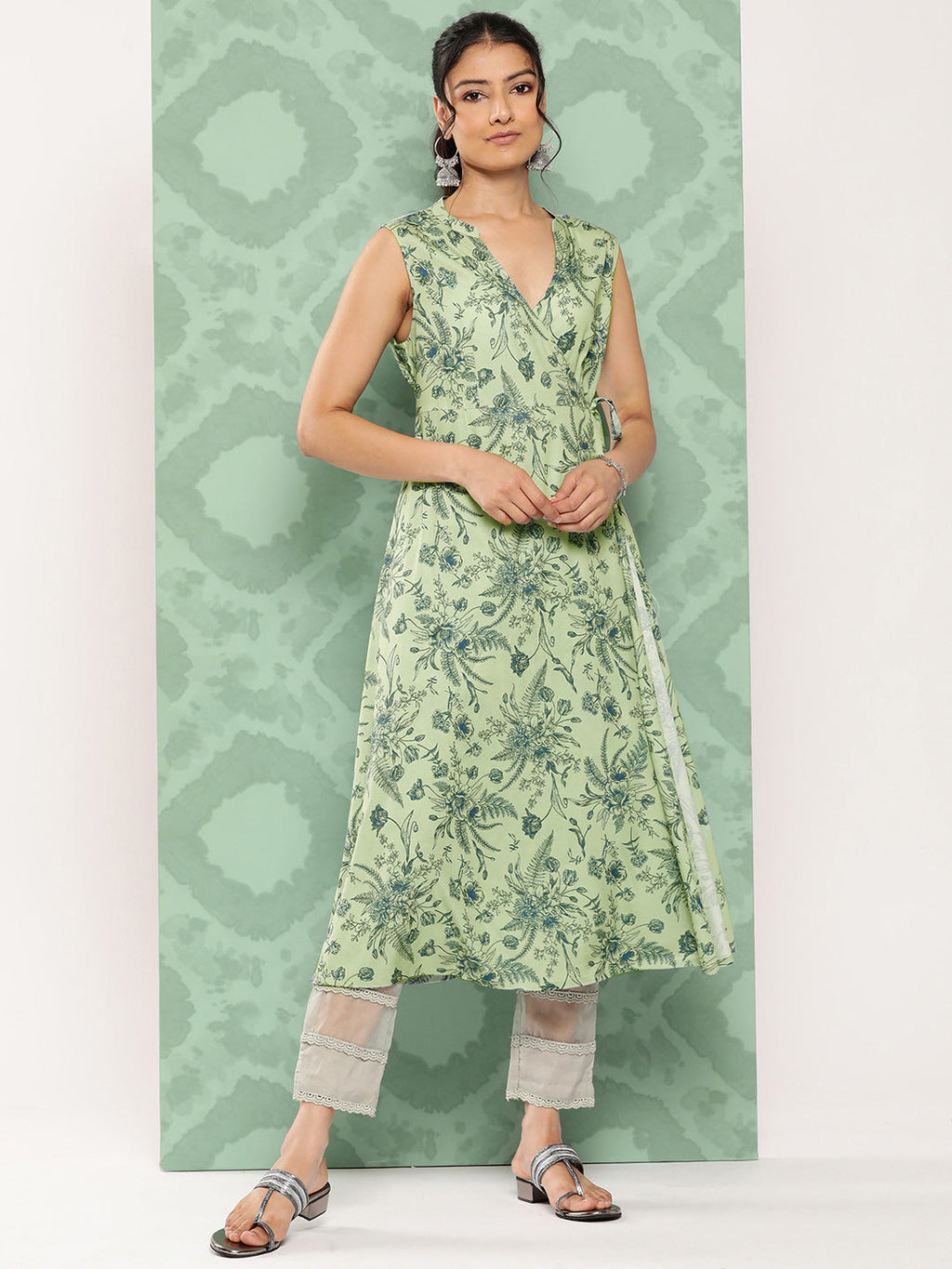 Janasya Women's Light Green Crepe Digital Printed Casual Angrakha Kurta | Grocsy
