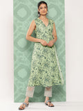 Janasya Women's Light Green Crepe Digital Printed Casual Angrakha Kurta | Grocsy