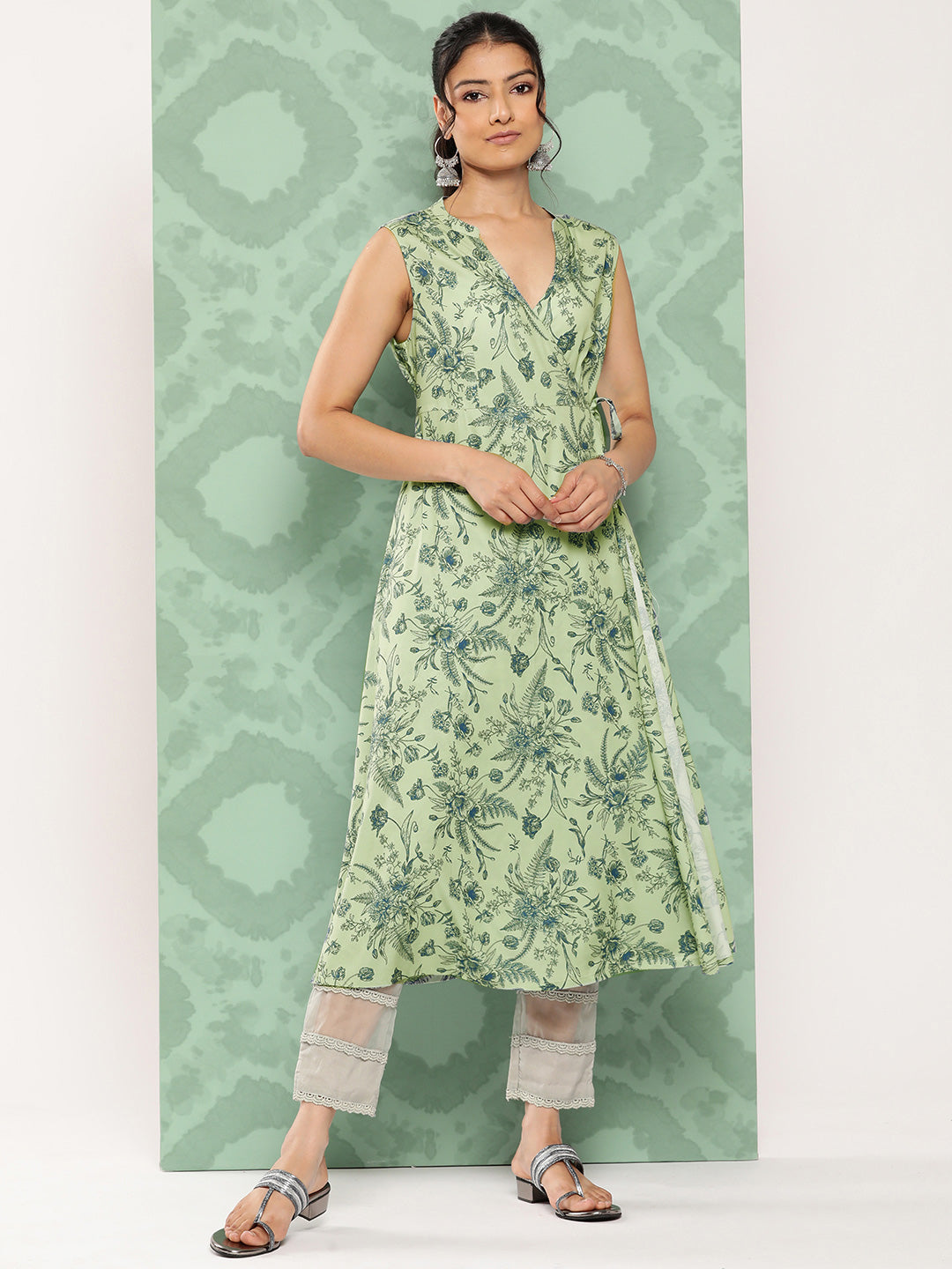 Janasya Women's Light Green Crepe Digital Printed Casual Angrakha Kurta | Grocsy