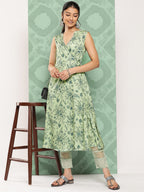 Janasya Women's Light Green Crepe Digital Printed Casual Angrakha Kurta | Grocsy