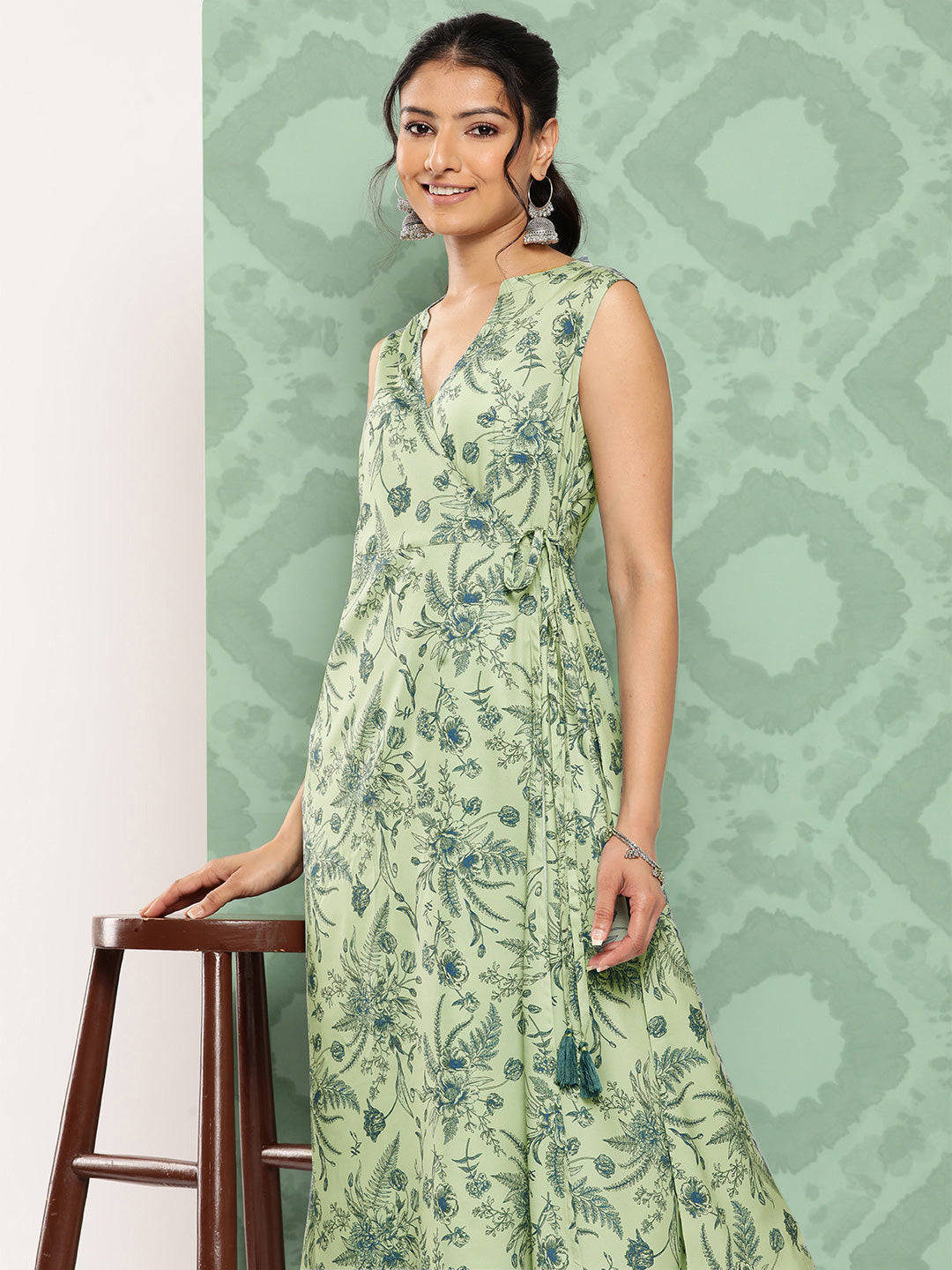 Janasya Women's Light Green Crepe Digital Printed Casual Angrakha Kurta | Grocsy