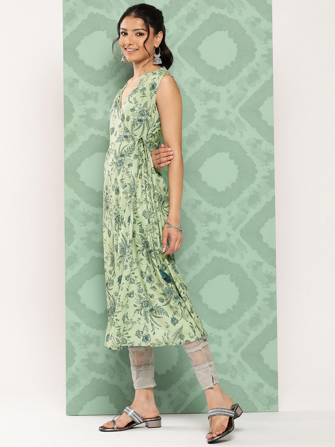Janasya Women's Light Green Crepe Digital Printed Casual Angrakha Kurta | Grocsy