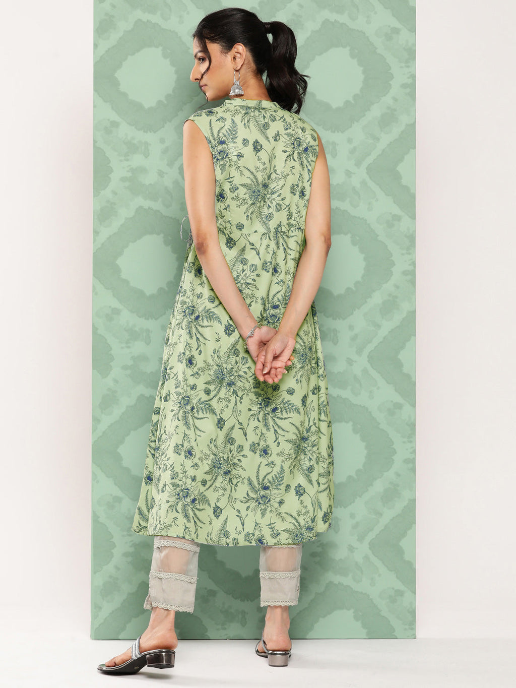 Janasya Women's Light Green Crepe Digital Printed Casual Angrakha Kurta | Grocsy