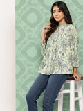 Janasya Women's Light Green Crepe Digital Print Casual Empire Top | Grocsy