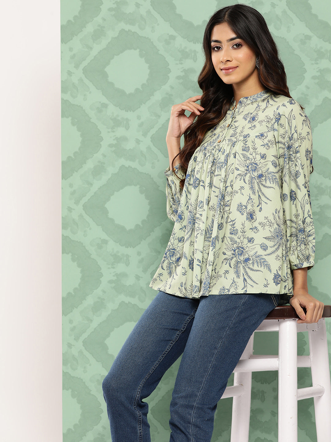 Janasya Women's Light Green Crepe Digital Print Casual Empire Top | Grocsy