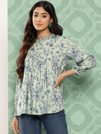Janasya Women's Light Green Crepe Digital Print Casual Empire Top | Grocsy