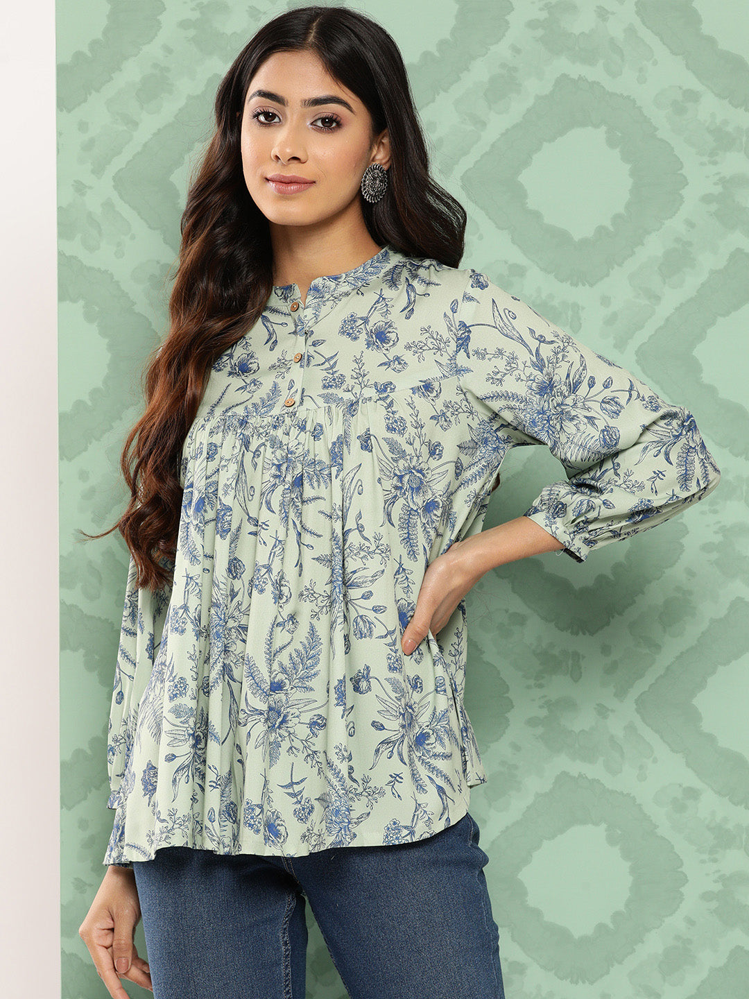 Janasya Women's Light Green Crepe Digital Print Casual Empire Top | Grocsy