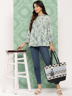 Janasya Women's Light Green Crepe Digital Print Casual Empire Top | Grocsy