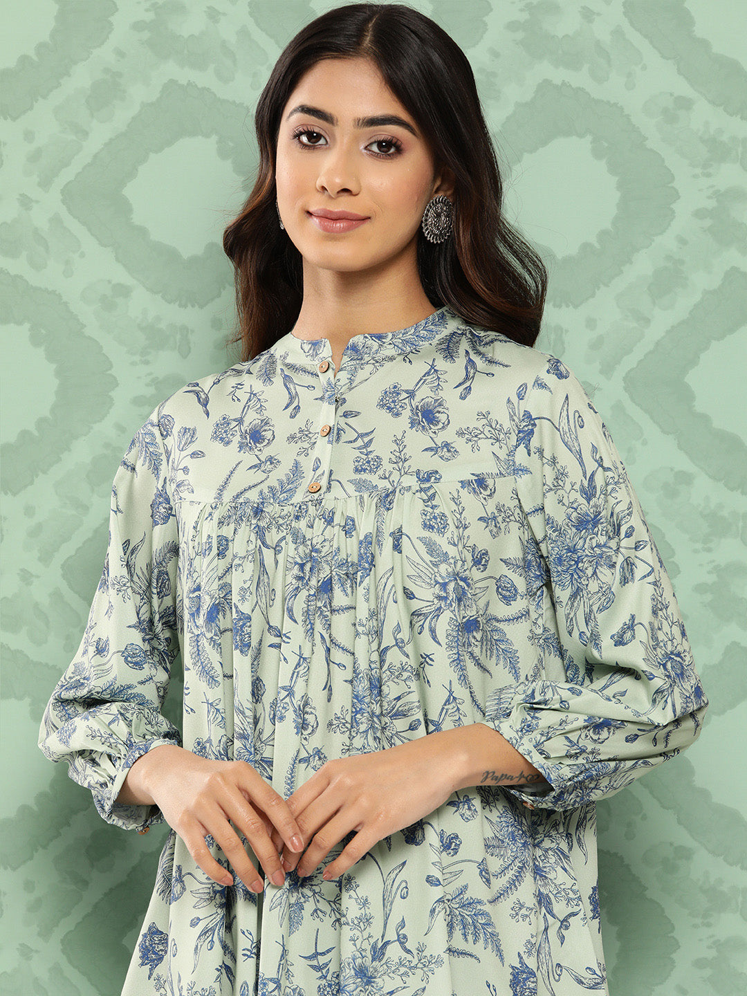 Janasya Women's Light Green Crepe Digital Print Casual Empire Top | Grocsy