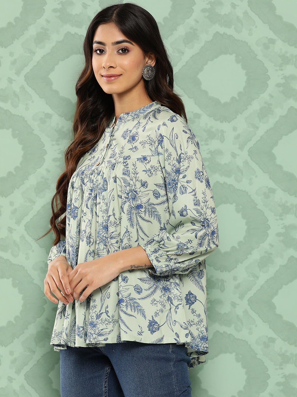 Janasya Women's Light Green Crepe Digital Print Casual Empire Top | Grocsy