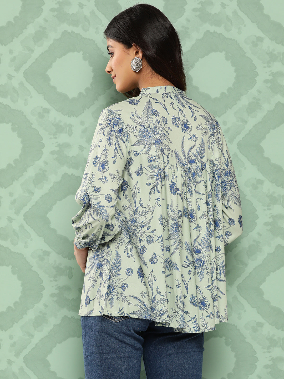 Janasya Women's Light Green Crepe Digital Print Casual Empire Top | Grocsy