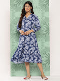 Janasya Women's Blue Crepe Digital Floral Printed A-Line Casual Dress | Grocsy