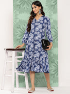Janasya Women's Blue Crepe Digital Floral Printed A-Line Casual Dress | Grocsy