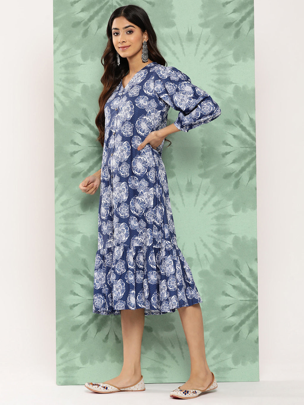 Janasya Women's Blue Crepe Digital Floral Printed A-Line Casual Dress | Grocsy
