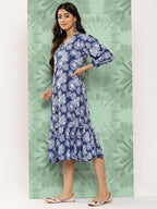 Janasya Women's Blue Crepe Digital Floral Printed A-Line Casual Dress | Grocsy