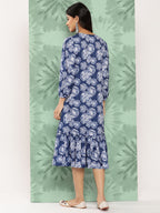 Janasya Women's Blue Crepe Digital Floral Printed A-Line Casual Dress | Grocsy