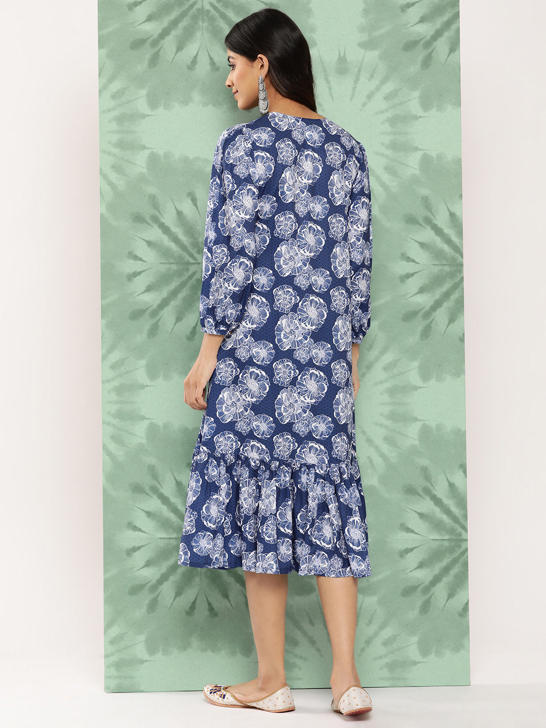 Janasya Women's Blue Crepe Digital Floral Printed A-Line Casual Dress | Grocsy