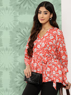 Janasya Women's Orange Crepe Digital Floral Print Casual Peplum Top | Grocsy
