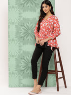 Janasya Women's Orange Crepe Digital Floral Print Casual Peplum Top | Grocsy