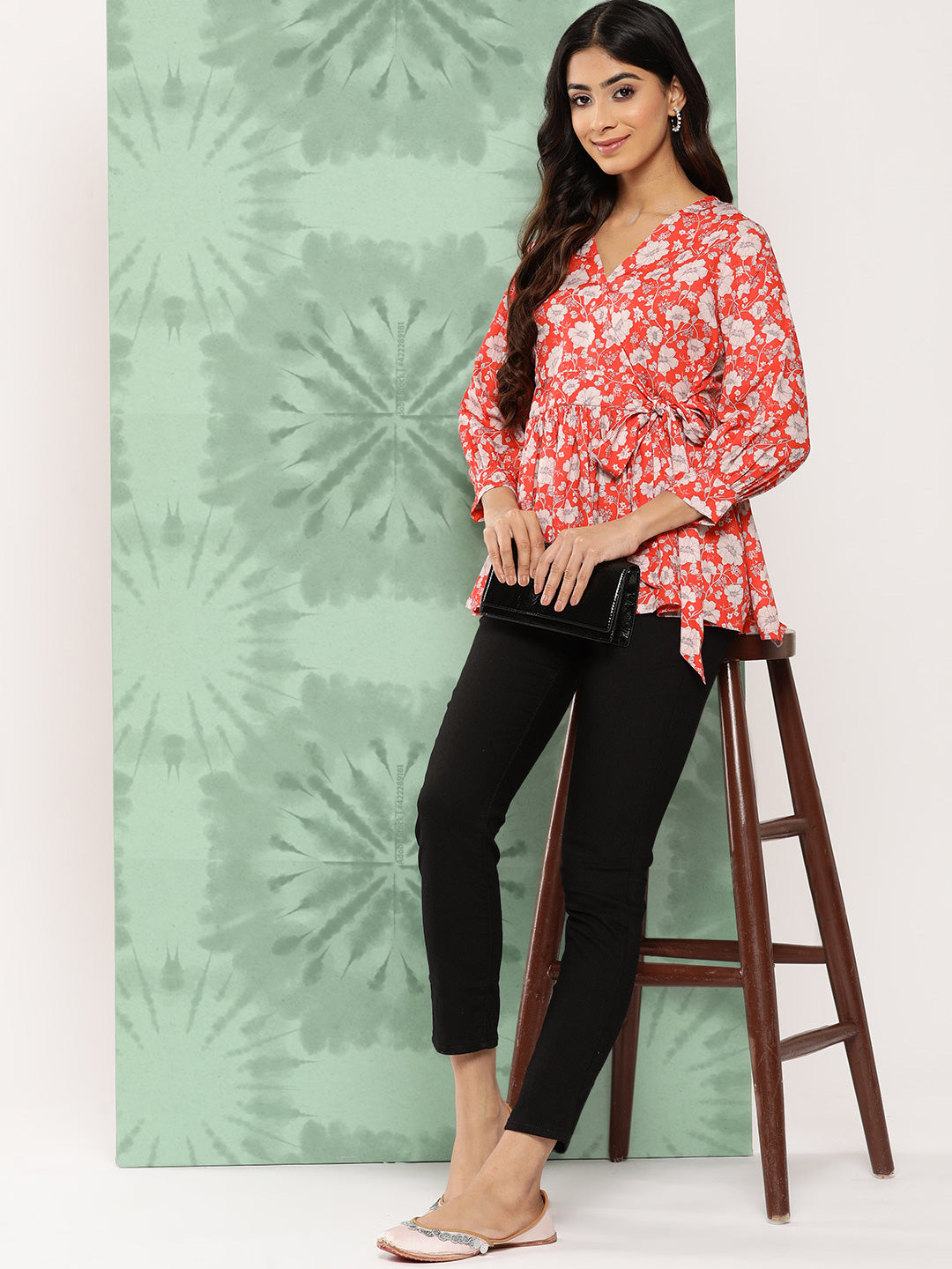 Janasya Women's Orange Crepe Digital Floral Print Casual Peplum Top | Grocsy